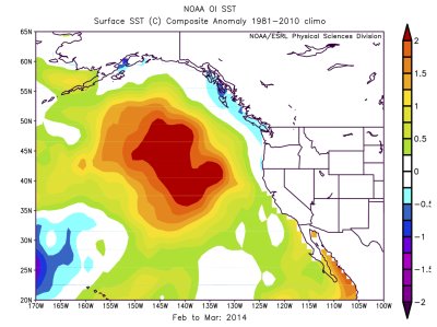 Map shows The Blob as an area of grossly higher than normal sea temperatures in the Gulf of Alaska