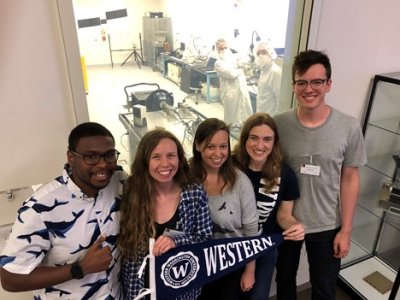 Western students and Melissa Rice at Malin Space Science Systems for the testing and calibration of Mastcam-Z in May 2019. From left to right: Darian Dixon, Tina Seeger, Melissa Rice, Katherine Winchell, and Mason Starr. 