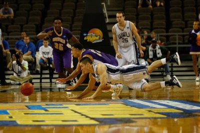 Western guard Richard Woodworth dives for a loose ball during the Vikings' 72-65 title-clinching victory over the University of Montevallo Saturday, March 24, 2012. Courtesy photo