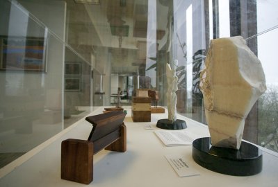 Sculptures on display at the employee art show include the piece at right, titled "Manifest-stone #4," by Liberal Studies' Rob Stoops. Photo by Matthew Anderson | WWU