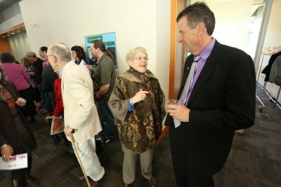 Former Western President Karen Morse chats with President Bruce Shepard at the dedication of Do Ho Suh's "Cause & Effect" on June 8.
