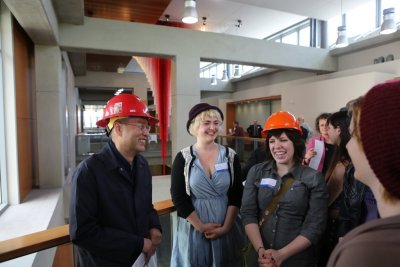 Do Ho Suh chats with students at the dedication of his sculpture, "Cause & Effect," on June 8 at AIC West.