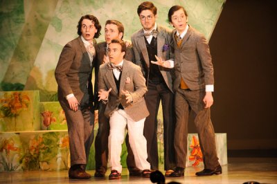 Evan Ingalls (Robin Starveling), McKenzie Clark (Tom Snout), Colton Myers (Francis Flute), Billy Ekstrom (Peter Quince), Sam Day (Snug). Photo courtesy of the College of Fine and Performing Arts at WWU.