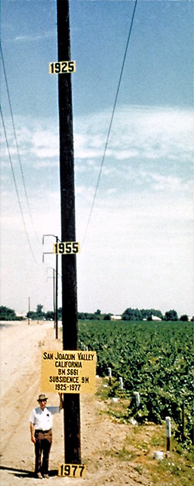 This photo shows the approximate location of maximum subsidence in the United States, identified by research efforts of Dr. Joseph F. Poland (pictured). The site is in the San Joaquin Valley southwest of Mendota, California. Signs on pole show approximate