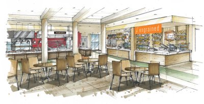 Additions to the expanded Atrium in Arntzen Hall include Topio's pizzeria and Engrained Cafe. Rendering courtesy of Aramark.