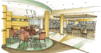 The Atrium in Arntzen Hall is being expanded to include a full-service Starbucks restaurant. Renovations to the Atrium and other campus eateries are expected to be complete by the beginning of fall quarter. Rendering courtesy of Aramark.