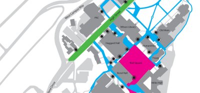 Detail from the WWU Bike Map, which shows bike and pedestrian paths on campus in addition to bike parking facilities and bicycle and skateboard walk zones.