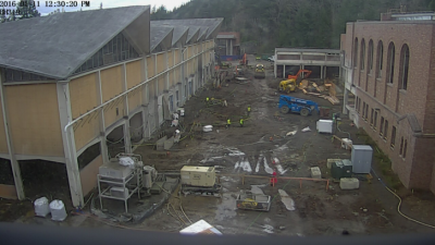Image from the construction webcam set up in Bond Hall 319.