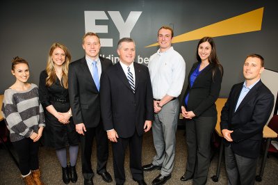From left to right: Malorie Kerouac, a WWU student who has accepted job at EY; Melissa Boroughs, and EY recruiter; Ryan Berg, a WWU student who has accepted job at EY; Scot Studebaker, a partner at EY and a WWU alumnus; Michael Register, a WWU student who