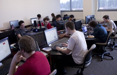 Western students work hard during the capture the flag competition, hosted by Raytheon, completing challenges and reading and writing code. Raytheon, based out of Florida, searches universities nationwide looking for recruits to the company to make comput