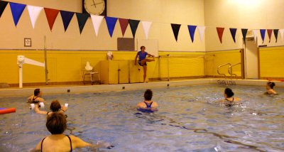 Mary MacDonald teaches a water aerobics class for Western Washington University faculty and staff members in the Carver Gymnasium pool during spring quarter, 2010. The water aerobics class will continue throughout summer quarter. Photo by David Gonzales |