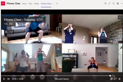 screen shot of zoom meeting showing several people lifting weights in their homes