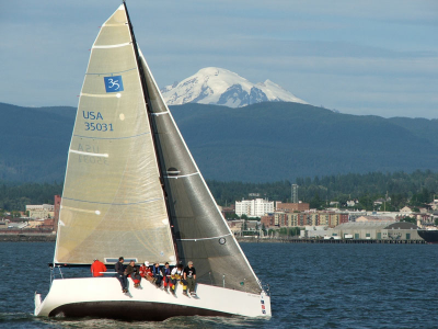 Lisa Megard is pictured racing in Bellingham Bay. Photo courtesy of Dave Wilhite 