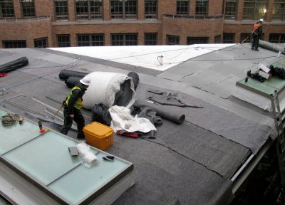 Workers install the substrata for the new green roof being installed atop the new Student Collaboration Space on the WWU campus. Photo courtesy of WWU Facilities Management
