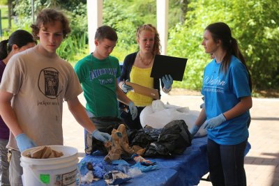 From left to right, Nick Steele, Zachary Toombs, Emily Orstad and Macy Milnes conduct a waste audit on campus. Photo by Preston VanSanden | Communications and Marketing intern