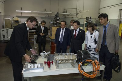 During their visit to the Western Washington University campus Aug. 20, the delegation from Kyungpook National University stopped by the Vehicle Research Institute to learn from Western's Eric Leonhardt some of the projects currently underway at Western. 