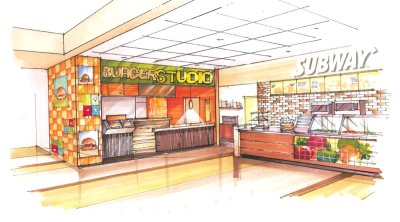 This artist's rendering of the renovated Viking Union Market shows two additions to the space: Burger Studio and Subway replace the Mediterranean Grill and Chick-Fil-A. Rending courtesy of Aramark.