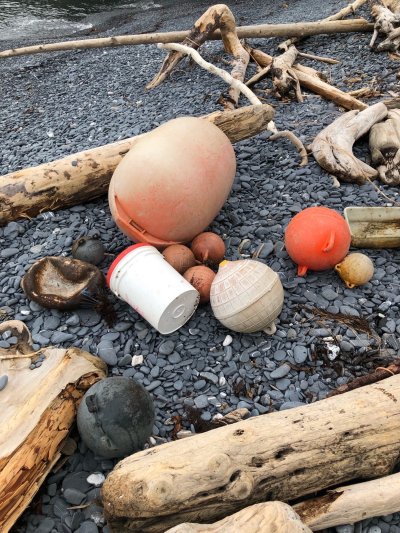 Buoys, netting and items washed overboard from ships are common ocean plastics found on Afognak.