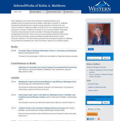 Faculty and staff who create SelectedWorks pages can showcase their scholarly works by displaying them in  customized formats organized according to the categories they highlight. This page is from Robin Matthews, of the Institute for Watershed Studies.