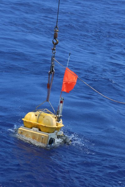 A seismometer about to be dropped to its resting place on the seafloor
