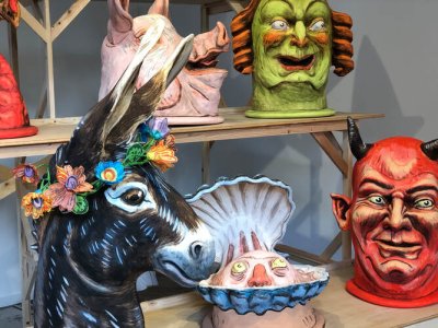 array of masks and sculptures at the gallery