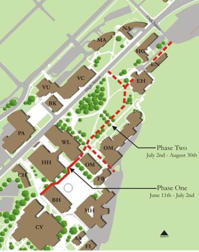 The total scope of the water main replacement project extends from Bond Hall down to High Street near Edens Hall. Work is scheduled to be completed at the end of August.