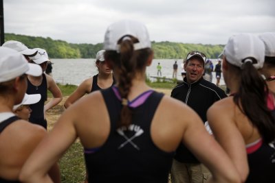WWU Rowing head coach John Fuchs talks to his rowers at the NCAA Div. II women's rowing national championships, held in Indianapolis, Ind., May 31 to June 2. Photo by Aaron Bernstein