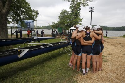 The WWU women's rowing team huddles at the NCAA Div. II women's rowing national championships, held in Indianapolis, Ind., May 31 to June 2. Photo by Aaron Bernstein